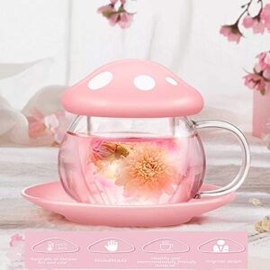 Rain House Cute Cups Mushroom Tea Cup with Tea Infuser and Spoon, Kawaii Mushroom Mugs, Glass Teacups with Ceramic Lid and Coaster, Mother's Day Gift Perfect for Girls Women for Home Office Use (Pink)