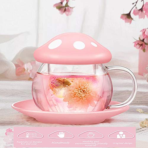 Rain House Cute Cups Mushroom Tea Cup with Tea Infuser and Spoon, Kawaii Mushroom Mugs, Glass Teacups with Ceramic Lid and Coaster, Mother's Day Gift Perfect for Girls Women for Home Office Use (Pink)