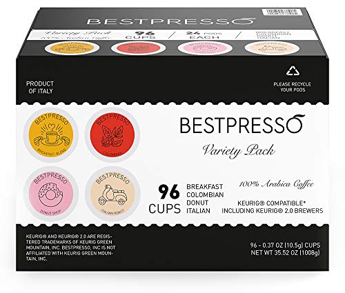 Bestpresso Coffee, Variety Pack Single Serve K-Cup Pods, 96 Count. Includes Breakfast, Colombian, Donut and Italian (Compatible With 2.0 Keurig Brewers) 8 Packs Of 12 Cups