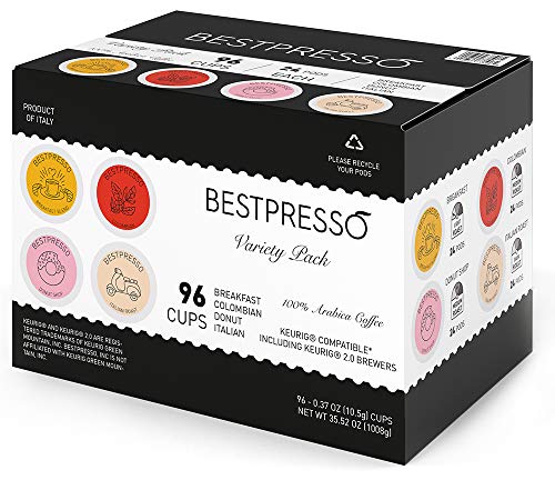 Bestpresso Coffee, Variety Pack Single Serve K-Cup Pods, 96 Count. Includes Breakfast, Colombian, Donut and Italian (Compatible With 2.0 Keurig Brewers) 8 Packs Of 12 Cups