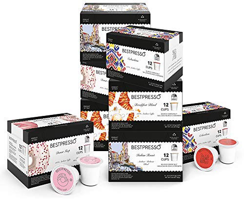 Bestpresso Coffee, Variety Pack Single Serve K-Cup Pods, 96 Count. Includes Breakfast, Colombian, Donut and Italian (Compatible With 2.0 Keurig Brewers) 8 Packs Of 12 Cups