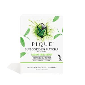 pique organic sun goddess matcha - ceremonial grade matcha green tea powder, supports radiant skin, calm energy - 28 single serve sticks (pack of 1)
