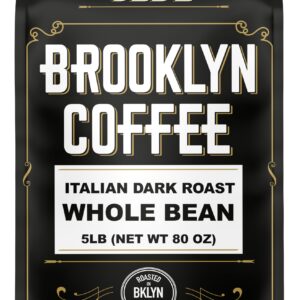 BROOKLYN COFFEE Whole Bean, Italian Dark Roast (5lb) Extra Strong, Delicious Taste, Heavenly Aroma - Fresh Bulk Coffee Beans Roasted Weekly in NYC