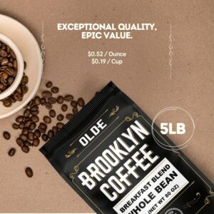 BROOKLYN COFFEE Whole Bean, Italian Dark Roast (5lb) Extra Strong, Delicious Taste, Heavenly Aroma - Fresh Bulk Coffee Beans Roasted Weekly in NYC