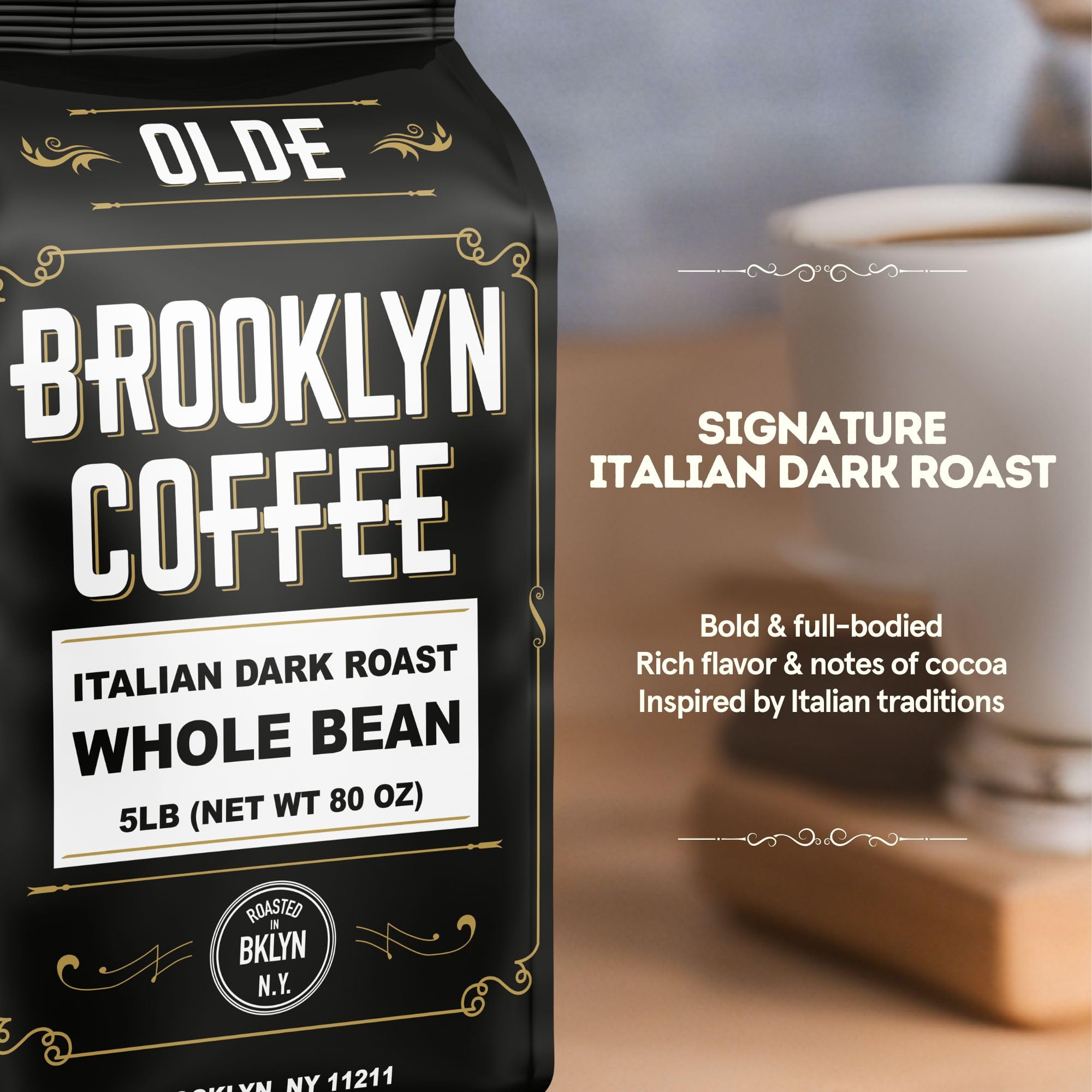 BROOKLYN COFFEE Whole Bean, Italian Dark Roast (5lb) Extra Strong, Delicious Taste, Heavenly Aroma - Fresh Bulk Coffee Beans Roasted Weekly in NYC