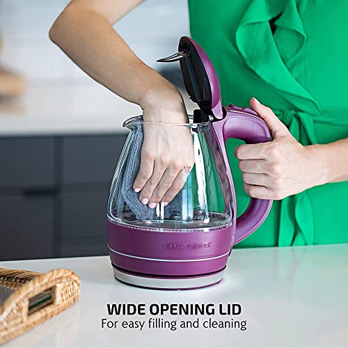 OVENTE Glass Electric Kettle Hot Water Boiler 1.5 Liter Borosilicate Glass Fast Boiling Countertop Heater - BPA Free Auto Shut Off Instant Water Heater Kettle for Coffee & Tea Maker - Purple KG83P