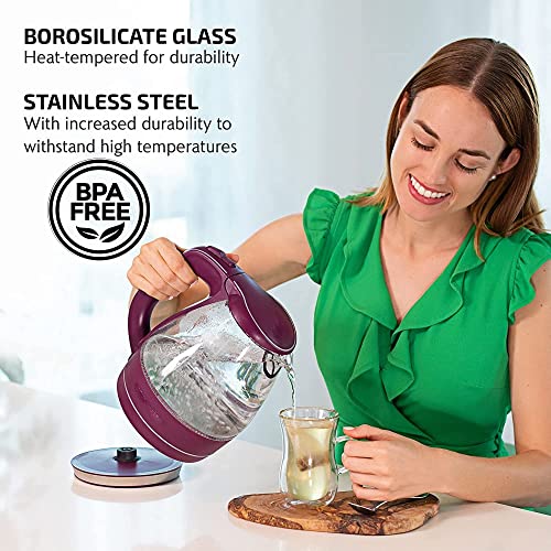 OVENTE Glass Electric Kettle Hot Water Boiler 1.5 Liter Borosilicate Glass Fast Boiling Countertop Heater - BPA Free Auto Shut Off Instant Water Heater Kettle for Coffee & Tea Maker - Purple KG83P