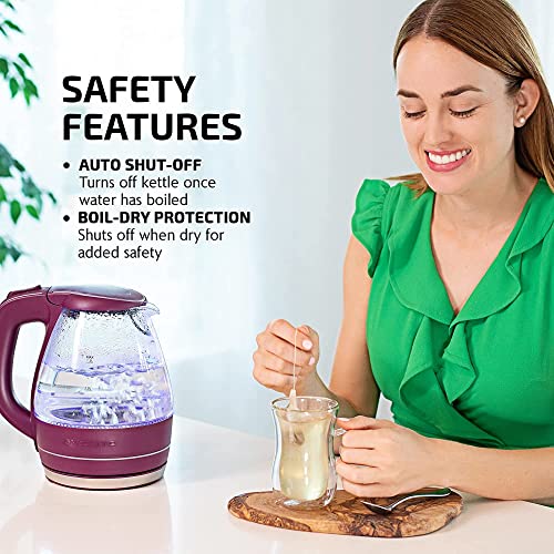 OVENTE Glass Electric Kettle Hot Water Boiler 1.5 Liter Borosilicate Glass Fast Boiling Countertop Heater - BPA Free Auto Shut Off Instant Water Heater Kettle for Coffee & Tea Maker - Purple KG83P