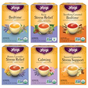 yogi tea stress relief & herbal tea variety pack - 16 tea bags per pack (6 packs) - organic herbal tea sampler - includes bedtime tea, kava stress relief tea, soothing caramel bedtime tea & more