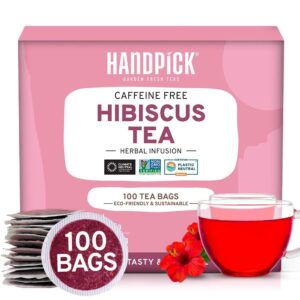 handpick, hibiscus tea bags - 100 count | caffeine-free, pure ingredients - hibiscus flowers | brew hot, iced tea or kombucha tea | round nutritious herbal tea bags