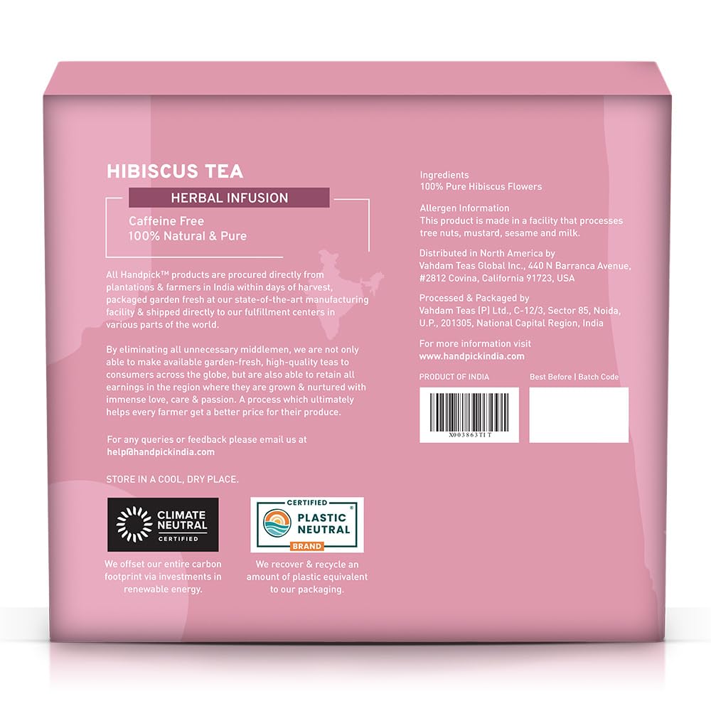 HANDPICK, Hibiscus Tea Bags - 100 Count | Caffeine-Free, Pure Ingredients - Hibiscus Flowers | Brew Hot, Iced Tea or Kombucha Tea | Round Nutritious Herbal Tea Bags