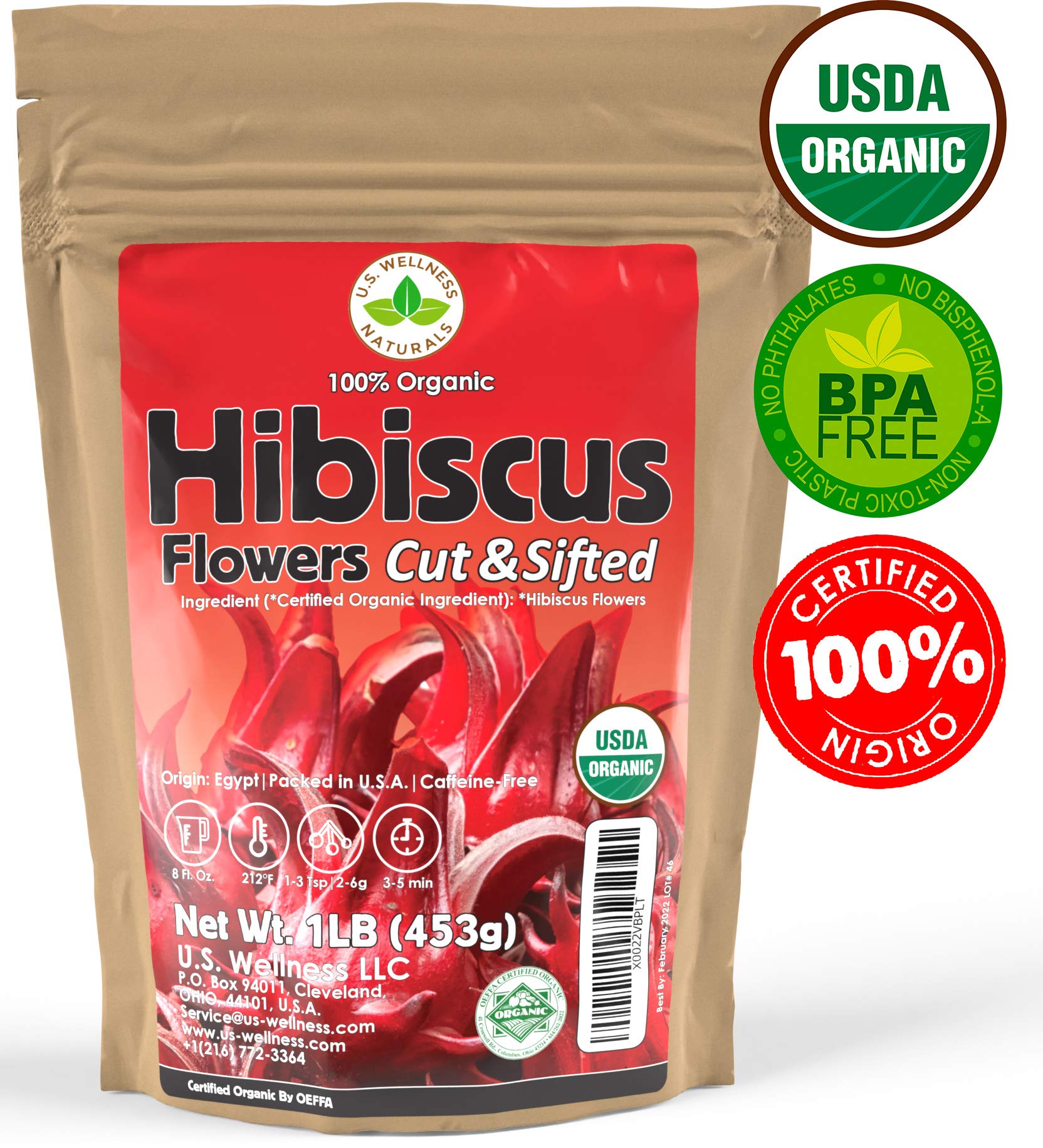 Hibiscus Tea 1LB (16Oz) 100% CERTIFIED Organic Hibiscus Flowers Herbal Tea (CUT&SIFTED), Caffeine Free Tea (200+ cups) 1 lb. Bulk Resealable Kraft BPA-Free Bag