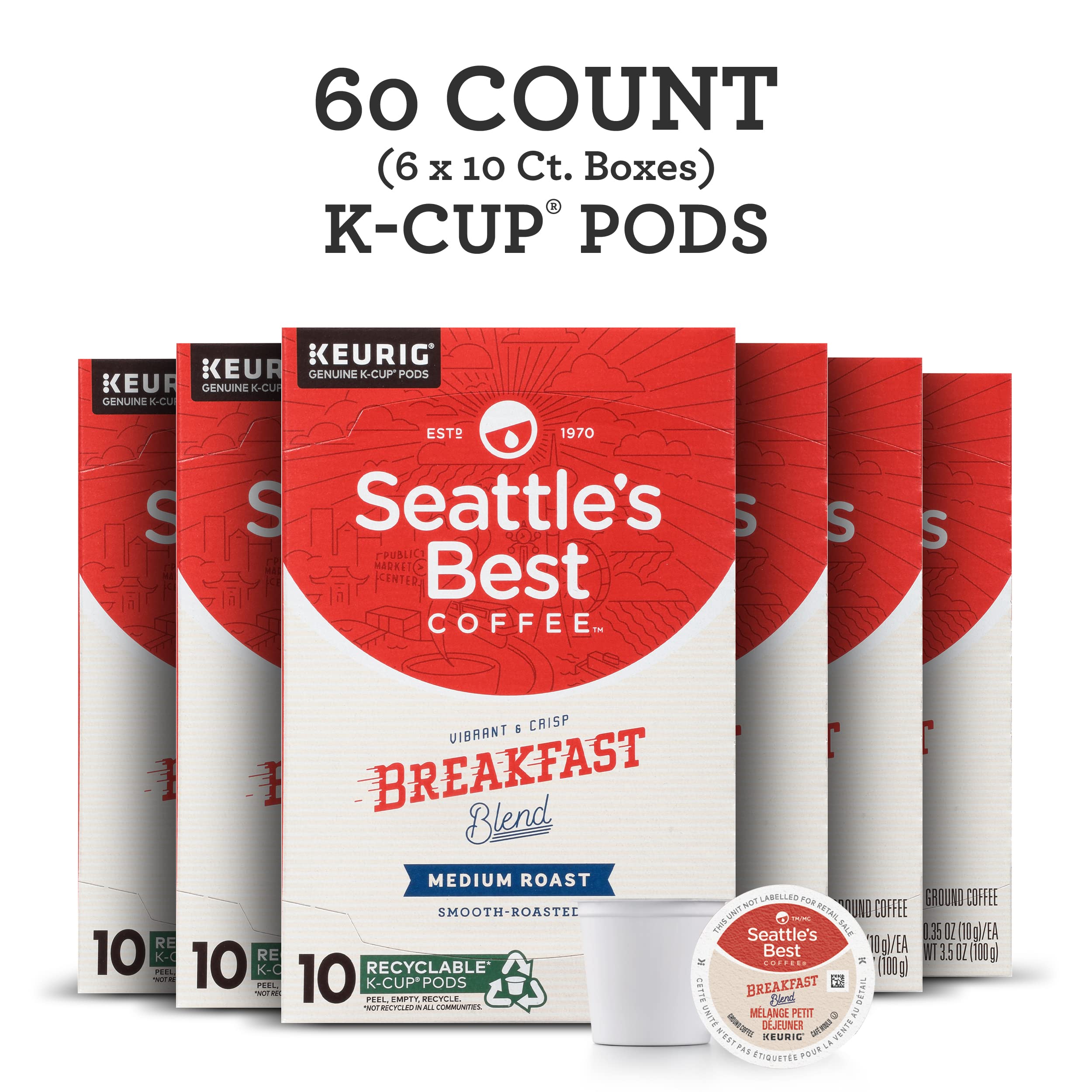 Seattle's Best Coffee Breakfast Blend Medium Roast K-Cup Pods |10 Count (Pack of 6)