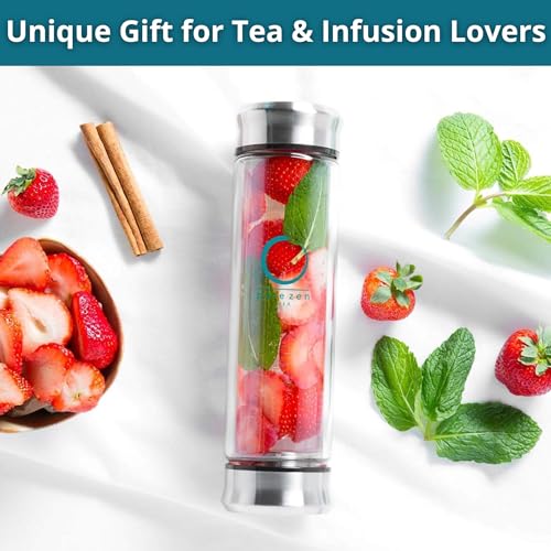 Pure Zen Tea Tumbler with Infuser - Double Wall Glass Travel Tea Mug with Stainless Steel Filter - Leakproof Tea Infuser Bottle with Strainer for Loose Leaf Tea and Fruit Water 13 Ounce