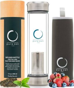 pure zen tea tumbler with infuser - double wall glass travel tea mug with stainless steel filter - leakproof tea infuser bottle with strainer for loose leaf tea and fruit water 13 ounce
