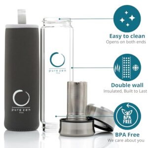 Pure Zen Tea Tumbler with Infuser - Double Wall Glass Travel Tea Mug with Stainless Steel Filter - Leakproof Tea Infuser Bottle with Strainer for Loose Leaf Tea and Fruit Water 13 Ounce