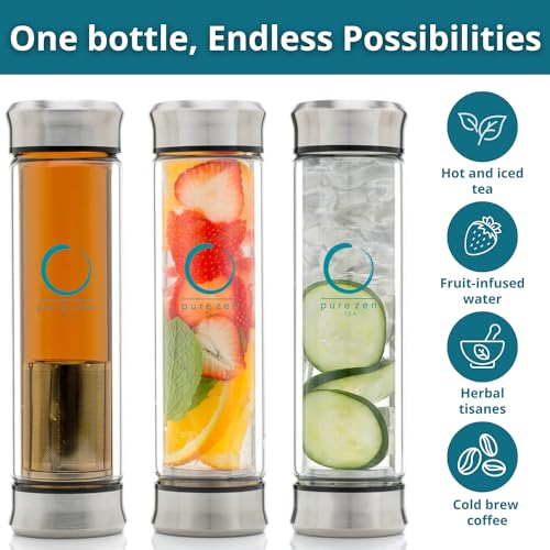 Pure Zen Tea Tumbler with Infuser - Double Wall Glass Travel Tea Mug with Stainless Steel Filter - Leakproof Tea Infuser Bottle with Strainer for Loose Leaf Tea and Fruit Water 13 Ounce