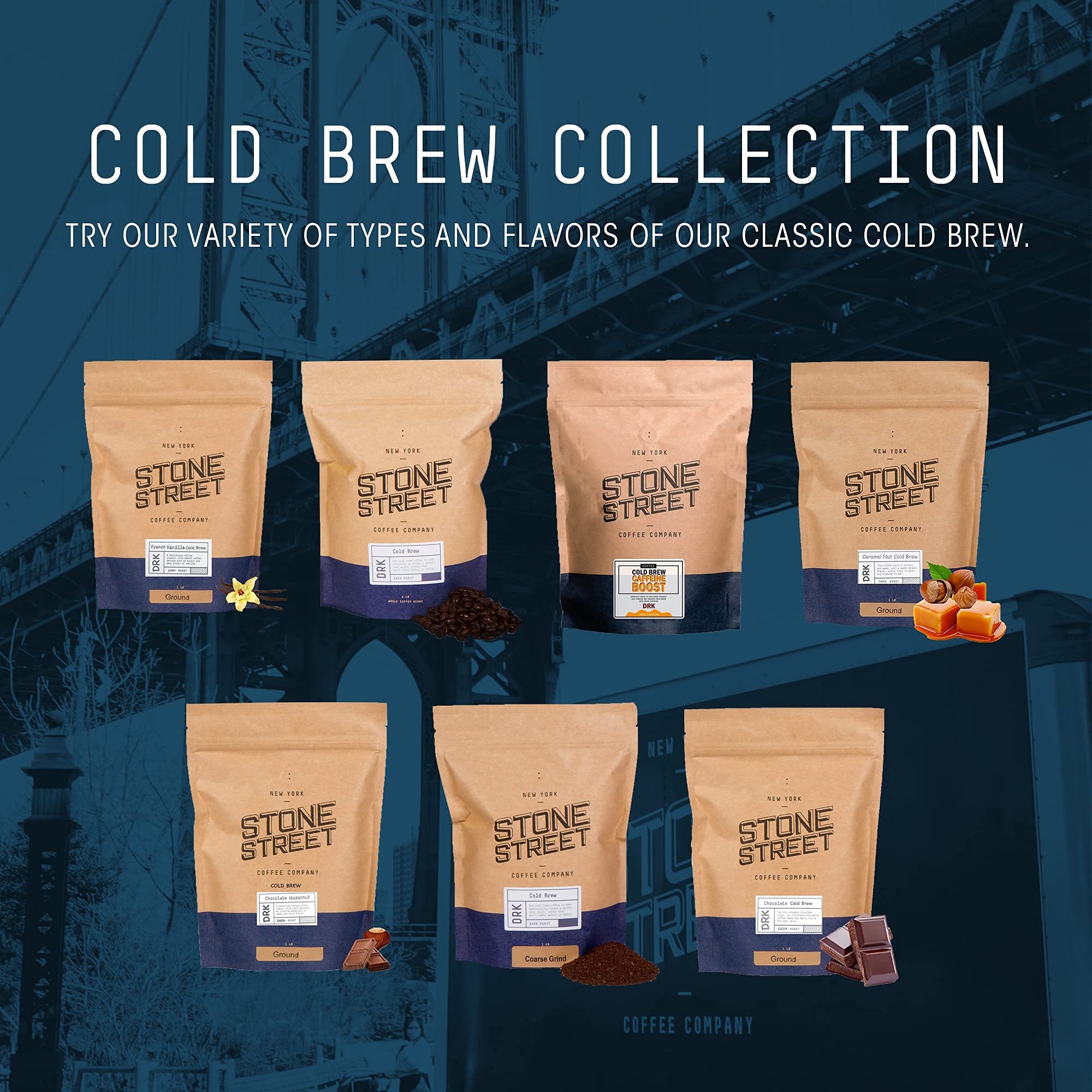 Stone Street Cold Brew Coffee, Strong & Smooth Blend, Low Acid, 100% Arabica, Gourmet Coffee, Coarse Ground, Dark Roast, Colombian Single Origin, 1 LB