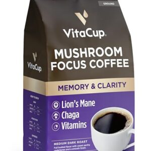 VitaCup Focus Mushroom Coffee Grounds, with Lions Mane, Chaga, B Vitamins, D3, Boost Focus, Immunity, Memory & Clarity, Medium Dark Roast, Bold & Smooth 100% Arabica Specialty, 10 Oz