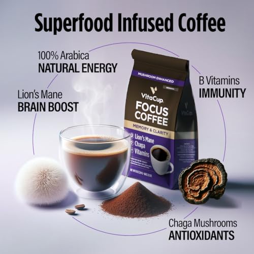 VitaCup Focus Mushroom Coffee Grounds, with Lions Mane, Chaga, B Vitamins, D3, Boost Focus, Immunity, Memory & Clarity, Medium Dark Roast, Bold & Smooth 100% Arabica Specialty, 10 Oz