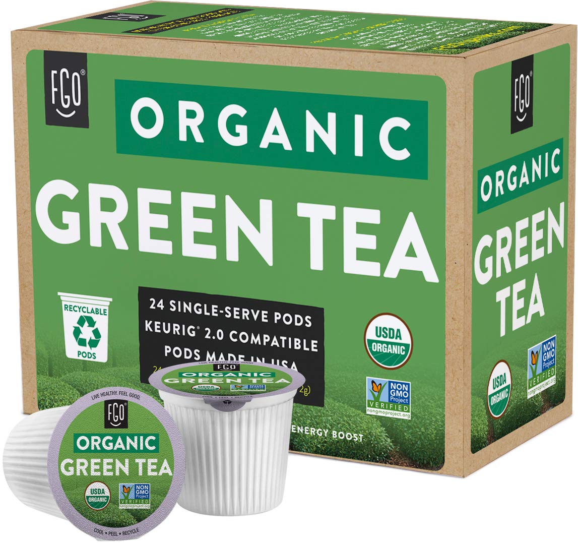 Organic Green Tea K-Cup Pods, 24 Pods by FGO - Keurig Compatible - Naturally Occurring Caffeine, Premium Green Tea is USDA Organic, Non-GMO, & Recyclable