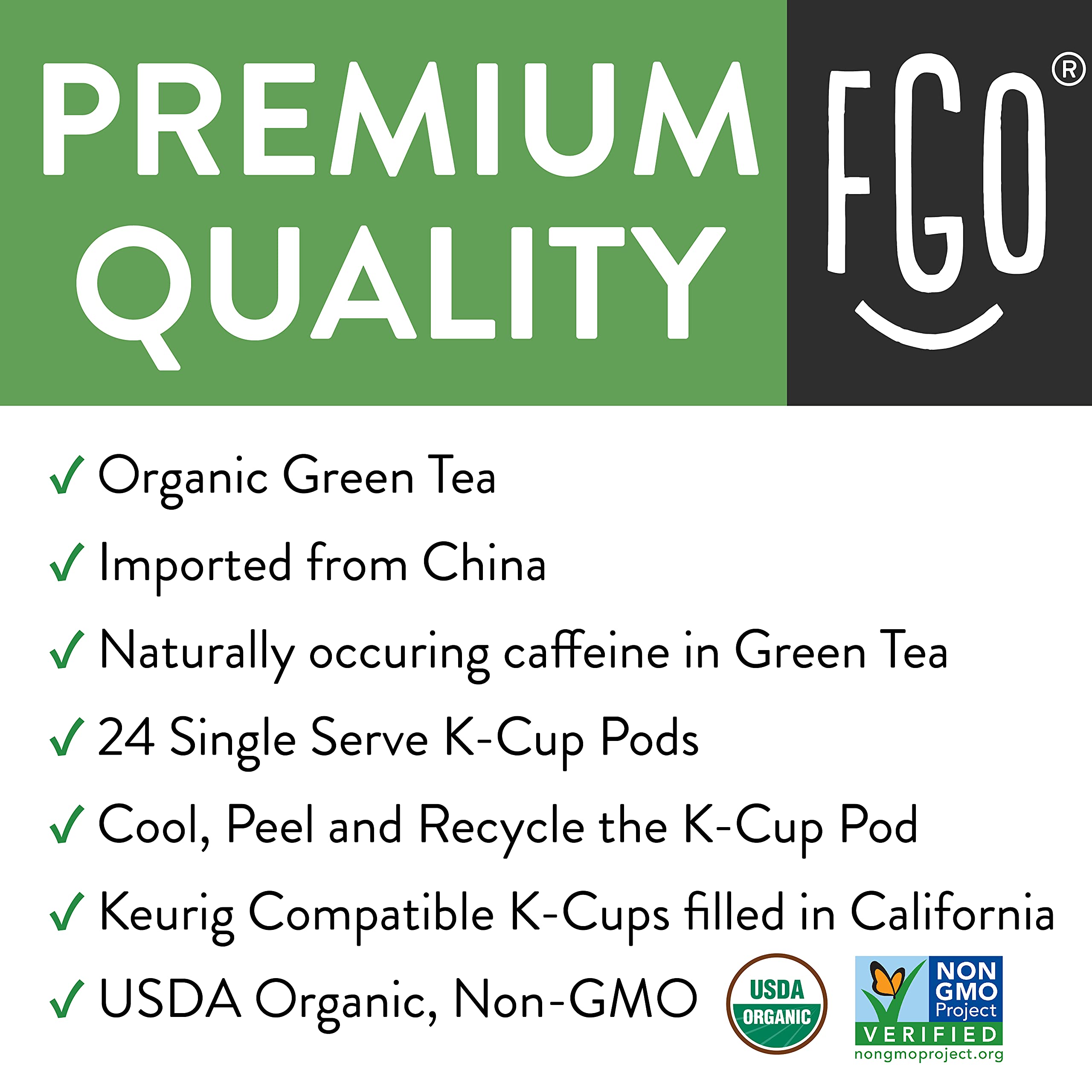 Organic Green Tea K-Cup Pods, 24 Pods by FGO - Keurig Compatible - Naturally Occurring Caffeine, Premium Green Tea is USDA Organic, Non-GMO, & Recyclable