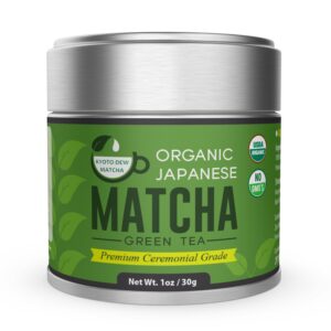 kyoto dew matcha – organic premium ceremonial grade from japan matcha green tea powder – radiation free, non fillers, zero sugar – usda & jas certified organic 30g (1oz) tin