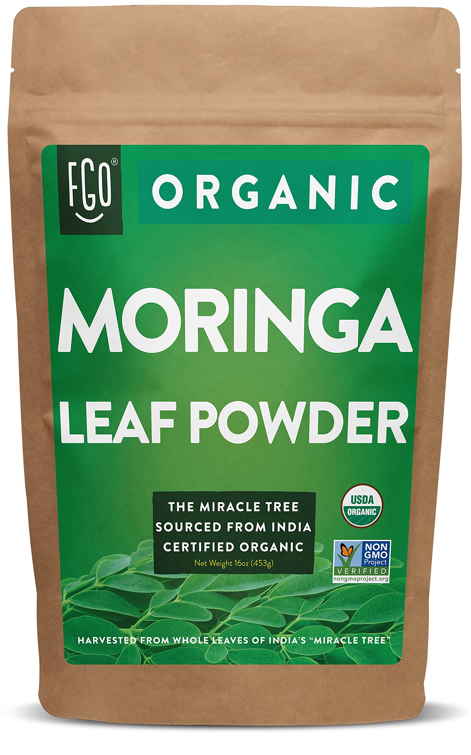 FGO Organic Moringa Oleifera Leaf Powder, 100% Raw from India, 16oz (Pack of 1)