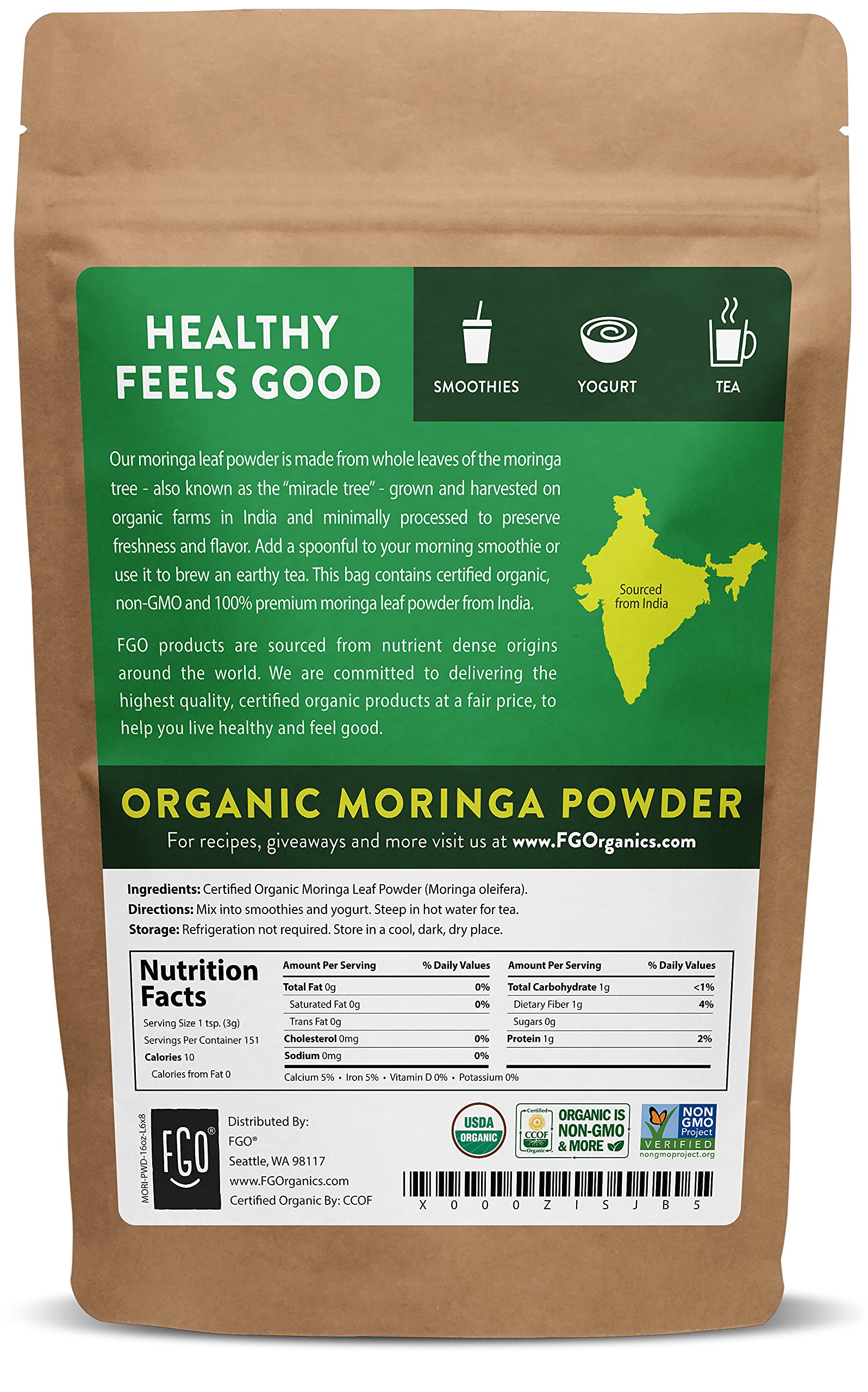 FGO Organic Moringa Oleifera Leaf Powder, 100% Raw from India, 16oz (Pack of 1)