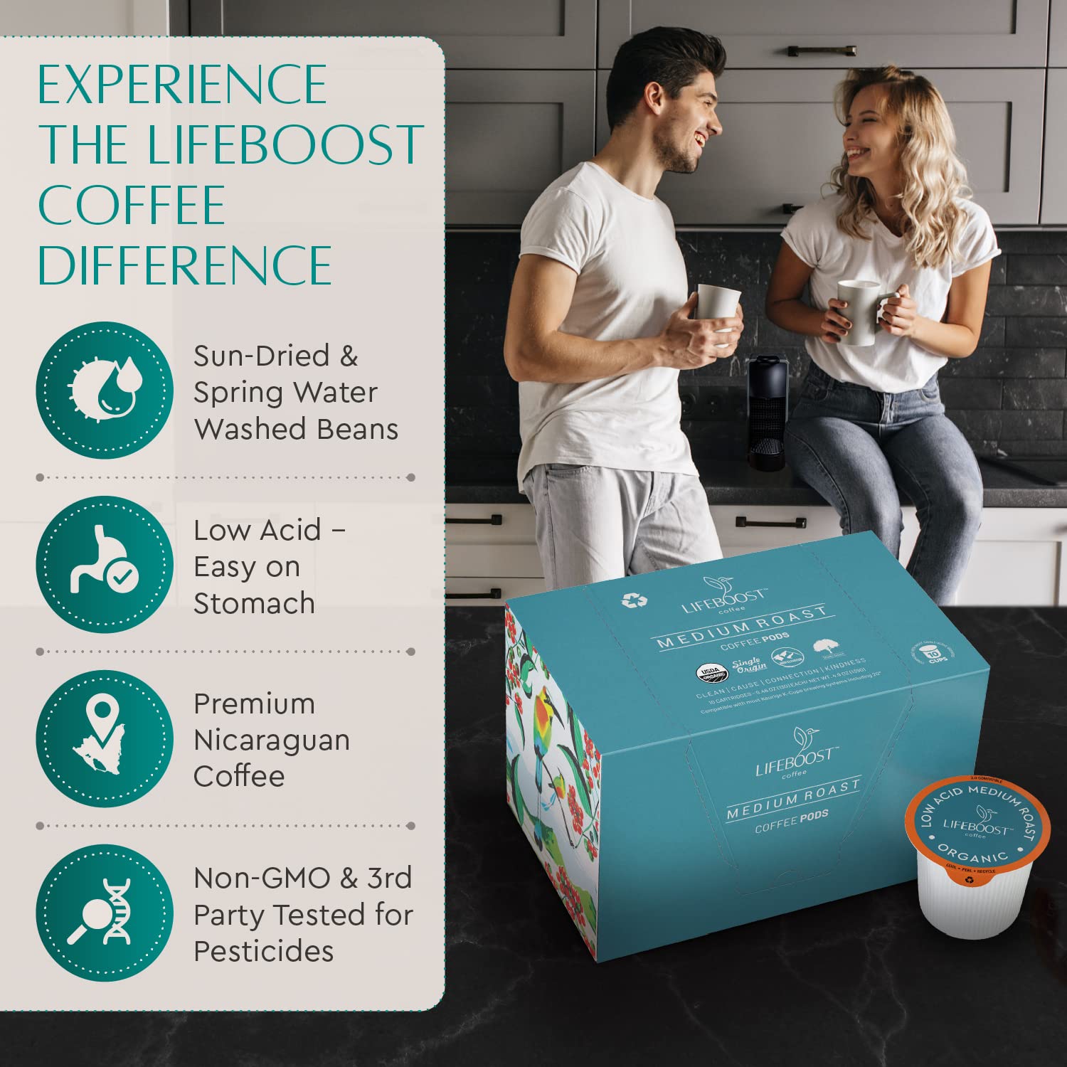 Lifeboost Medium Roast Low Acid Coffee K Cups - Single Origin Mold Free Non-GMO Organic Coffee Pods - Compatible with Keurig & Keurig 2 Machines - 10 Count