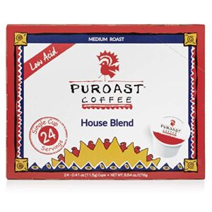 puroast low acid coffee single-serve pods | house blend | medium roast | low acid certified | ph 5.5+ | gut health | higher antioxidants | smooth | compatible with keurig 2.0 coffee makers (24 count)