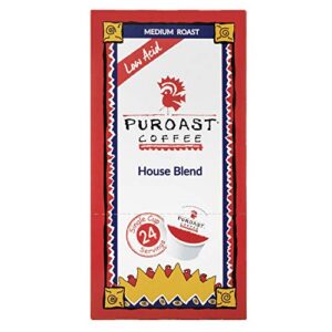 Puroast Low Acid Coffee Single-Serve Pods | House Blend | Medium Roast | Low Acid Certified | pH 5.5+ | Gut Health | Higher Antioxidants | Smooth | Compatible with Keurig 2.0 Coffee Makers (24 Count)