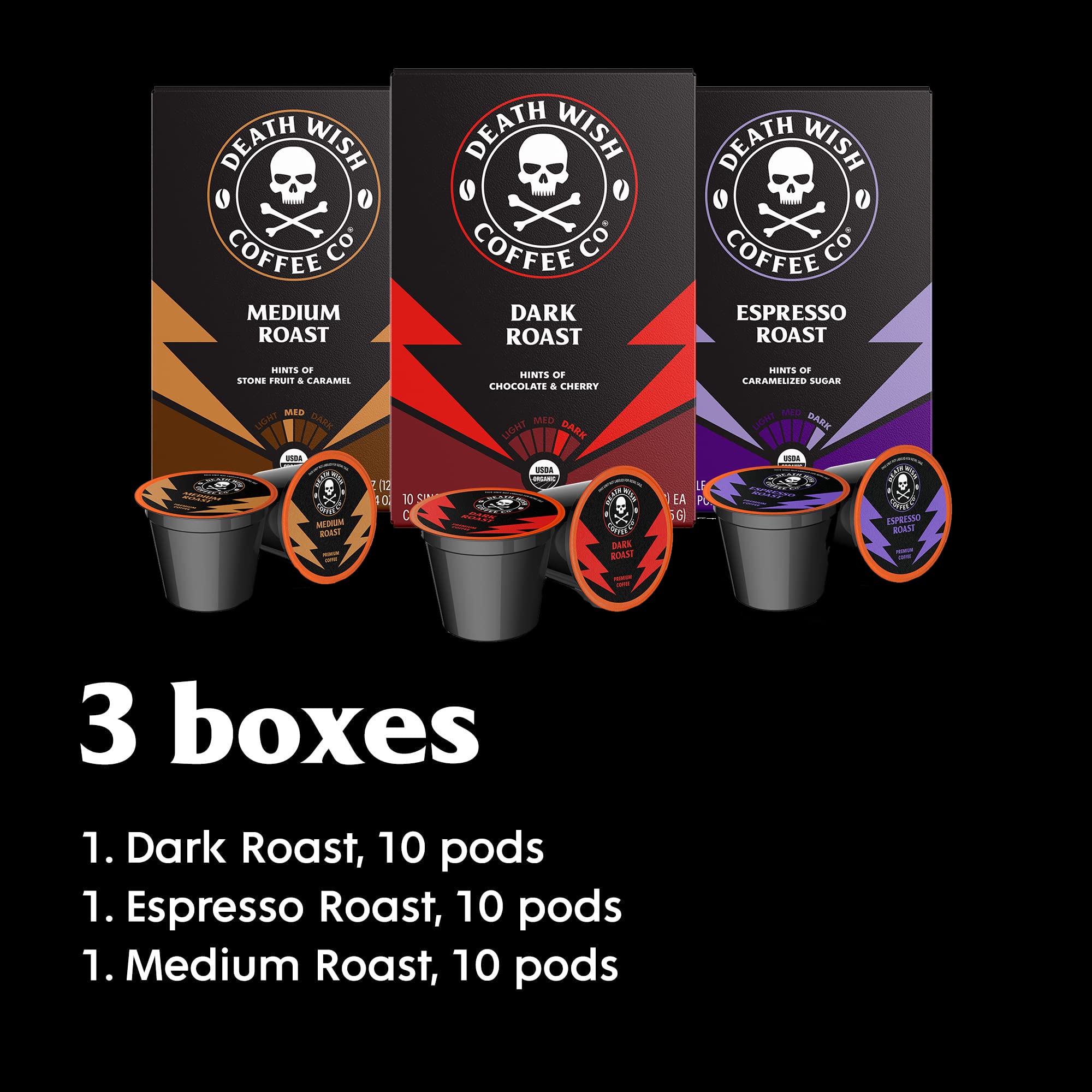 Death Wish Coffee Co., Single Serve Coffee - Extra Kick of Caffeine - 10 Each of Medium, Dark, and Espresso Roast - Mixed Roast Variety Pack