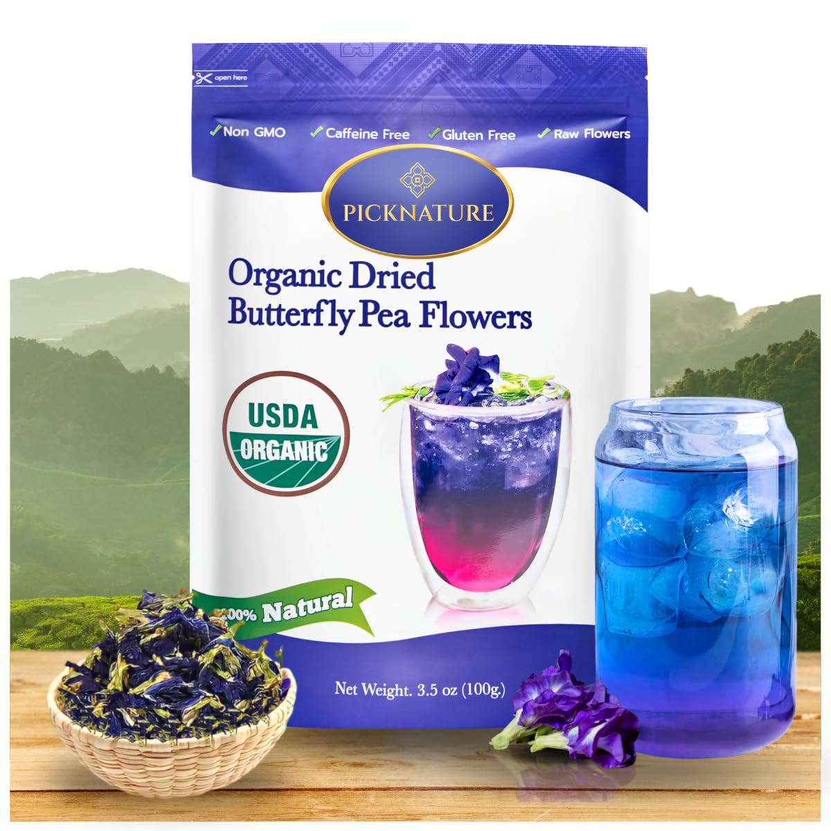 PICKNATURE Butterfly Pea Flower Tea Loose Leaf Freshly Picked from Thailand | 3.5 oz (300+ Cups) | Herbal Blue Tea Gifts | USDA Organic