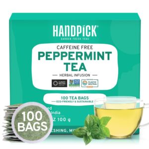 HANDPICK, Peppermint Tea Bags (100 Herbal Tea Bags) Caffeine Free, Non-GMO - Minty, Fresh & Cool flavor | Premium Round Eco Conscious Tea Bags