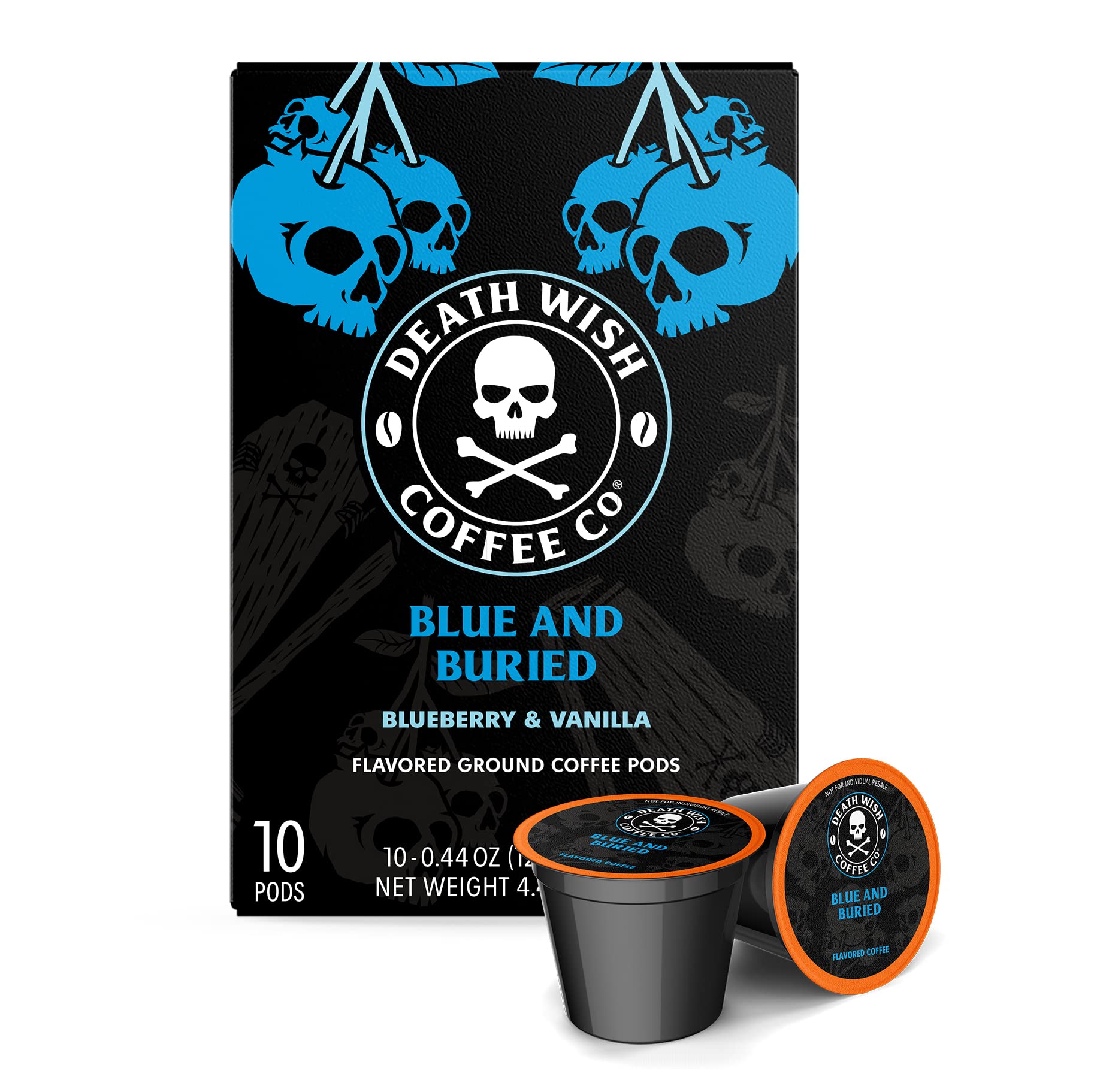 Death Wish Coffee Co. Single Serve Coffee Pods - Extra Kick of Caffeine - Blue and Buried: Blueberry Vanilla Flavored Coffee Pods