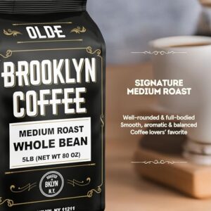 BROOKLYN COFFEE Whole Bean, Classic Medium Roast (5lb) Balanced, Smooth, Mellow - Fresh Bulk Coffee Beans Roasted Weekly in NYC