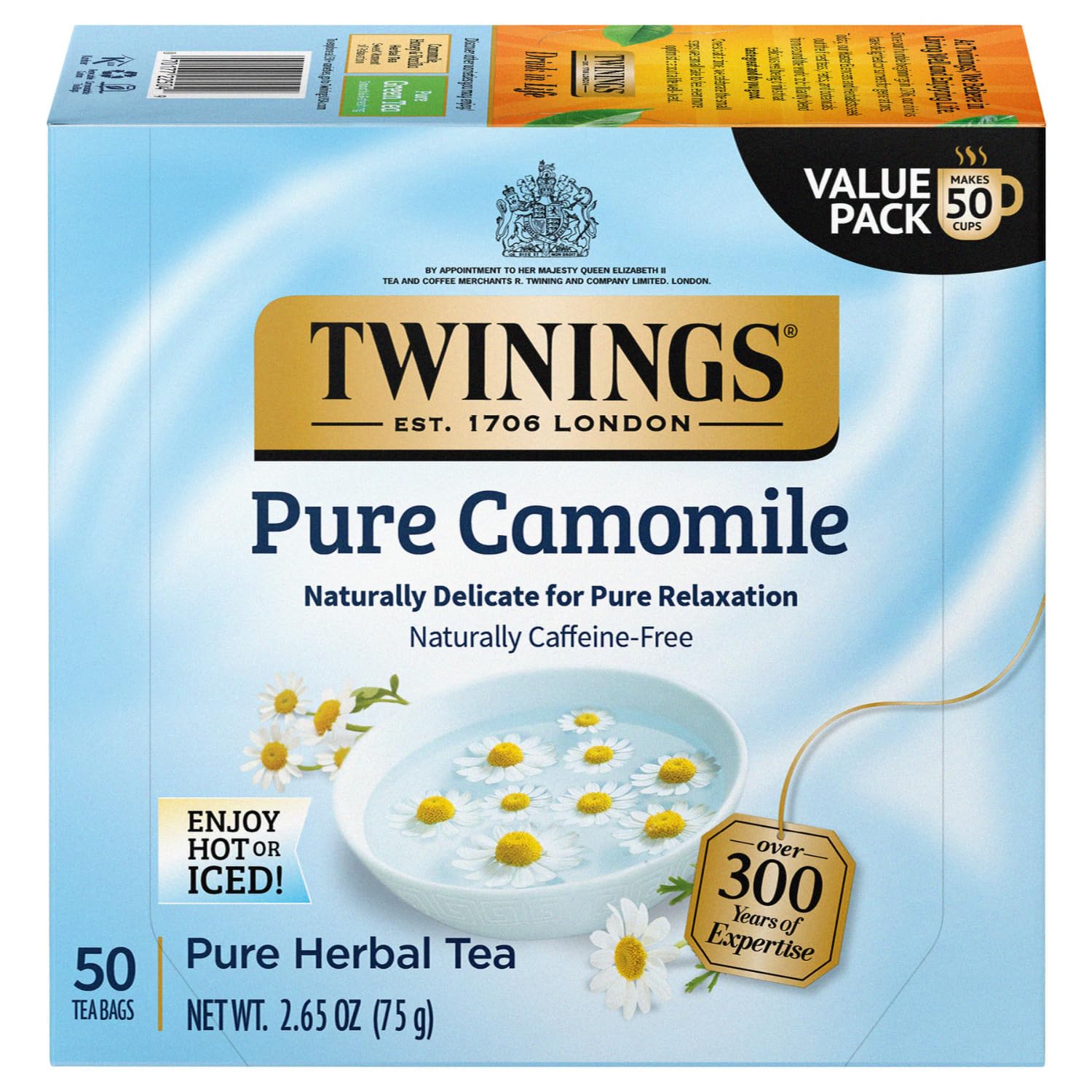 Twinings Pure Camomile Herbal Tea - Naturally Caffeine-Free Camomile Tea Bags Individually Wrapped, 50 Count Ea