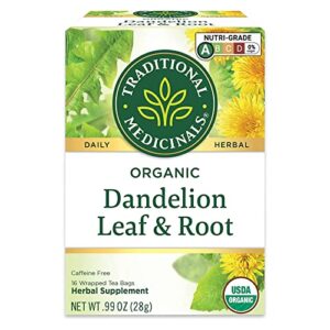 traditional medicinals organic dandelion leaf & root herbal tea (pack of 1), supports kidney function and healthy digestion, 16 tea bags total