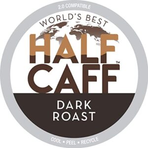 world's best half caff dark roast coffee 100ct. solar energy produced recyclable single serve dark roast coffee pods - 100% arabica coffee california roasted, kcup compatible