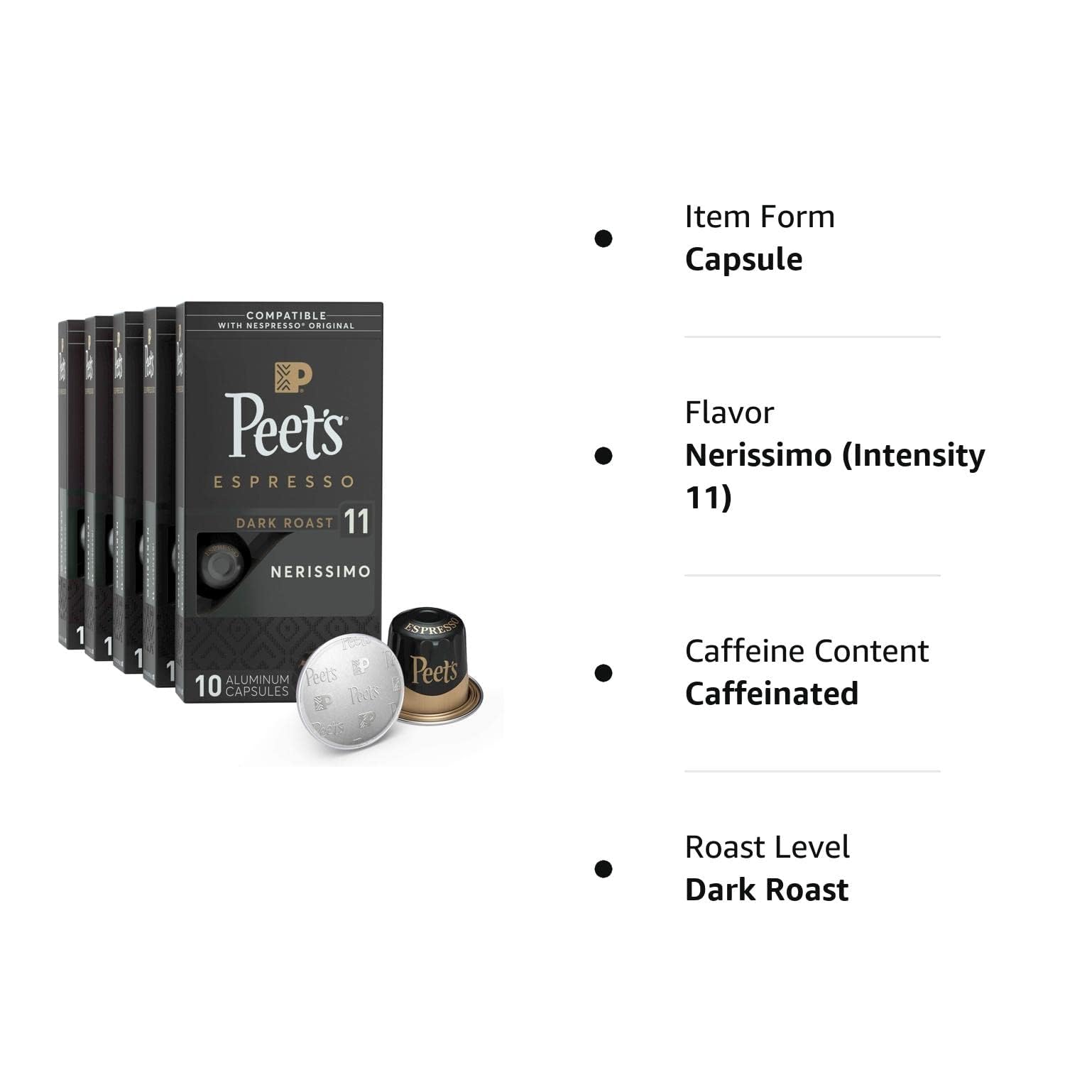 Peet's Coffee, Dark Roast Espresso Pods, Nerissimo Intensity 11, 50 Count (5 Boxes of 10 Espresso Capsules)