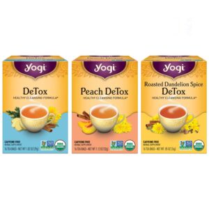 yogi tea herbal detox variety pack - 16 tea bags per pack (3 packs) - organic detox tea sampler - includes detox tea, peach detox tea & roasted dandelion spice detox tea - tea assortment