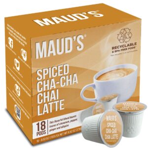 maud's spiced chai tea latte, 18ct. solar energy produced recyclable single serve tea pods - 100% california tea leaves, kcup compatible