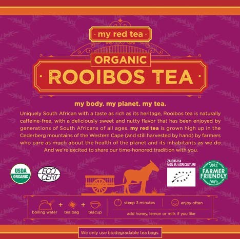 Rooibos Tea, USDA Certified Organic Tea, MY RED TEA. Tagless South African, 100% Pure, Single Origin, Natural, Farmer Friendly, GMO and Caffeine Free (80)