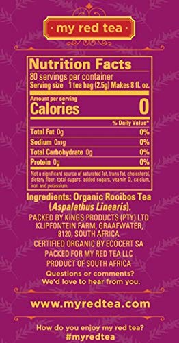 Rooibos Tea, USDA Certified Organic Tea, MY RED TEA. Tagless South African, 100% Pure, Single Origin, Natural, Farmer Friendly, GMO and Caffeine Free (80)