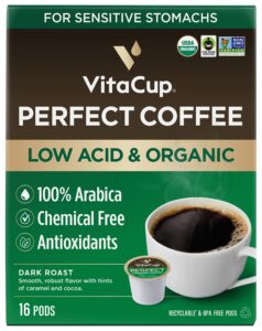 vitacup perfect low acid coffee pods, usda organic & fair trade, mycotoxin free, dark roast guatemala single origin, clean & pure recyclable single serve pod compatible w/keurig k-cup brewers,16 ct