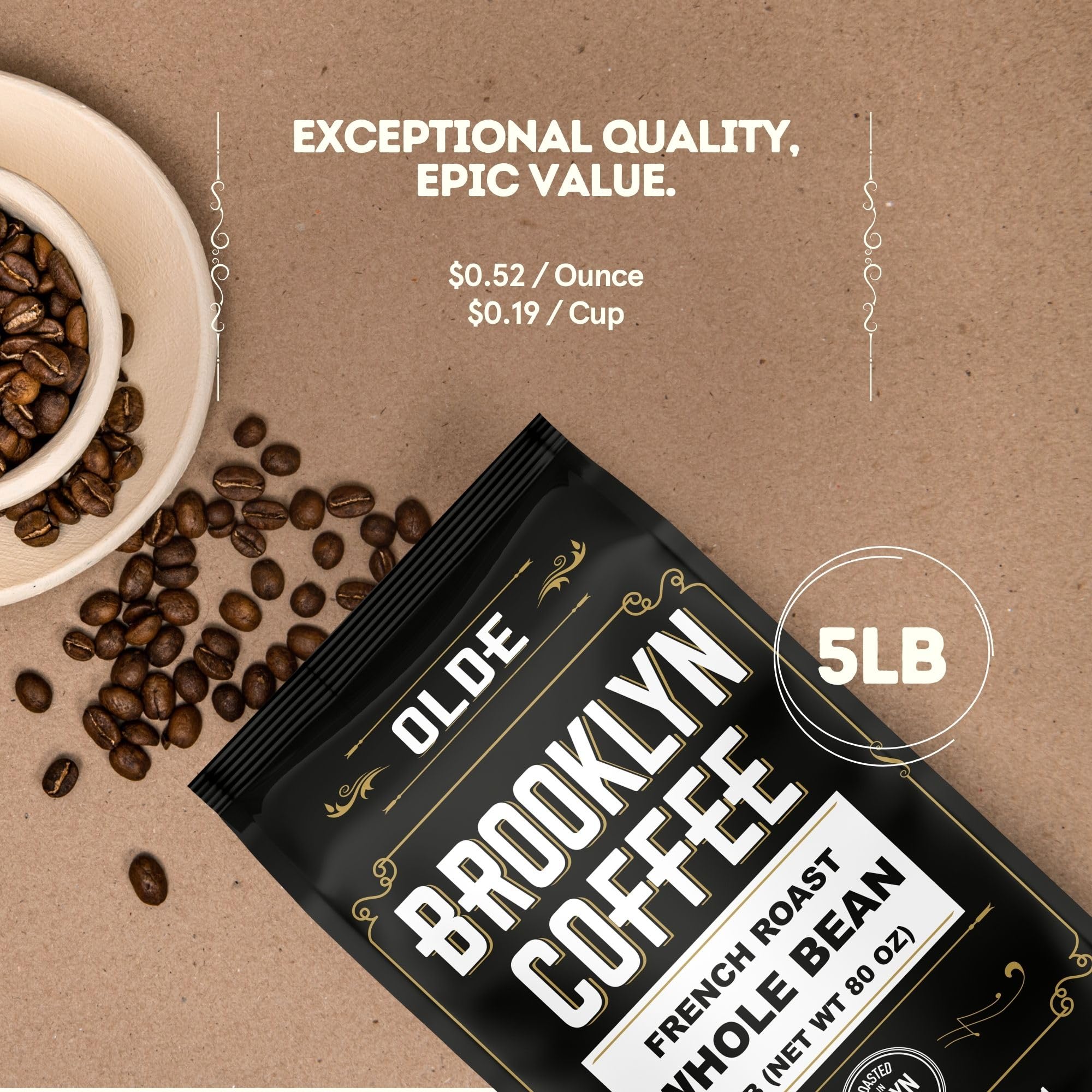 BROOKLYN COFFEE Whole Bean, French Dark Roast (5lb) Silky Smooth, Bold, Balanced - Fresh Bulk Coffee Beans Roasted Weekly in NYC