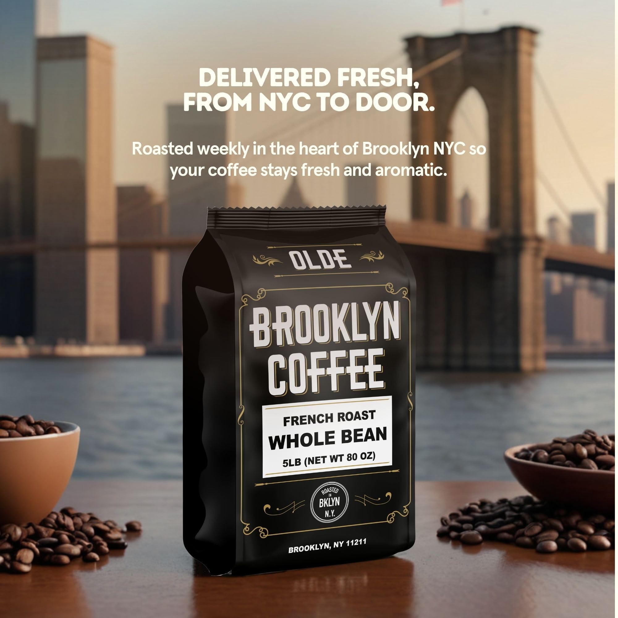 BROOKLYN COFFEE Whole Bean, French Dark Roast (5lb) Silky Smooth, Bold, Balanced - Fresh Bulk Coffee Beans Roasted Weekly in NYC