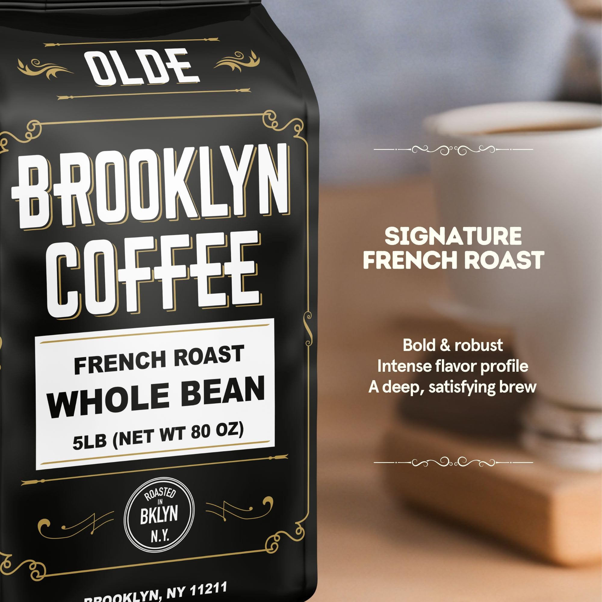 BROOKLYN COFFEE Whole Bean, French Dark Roast (5lb) Silky Smooth, Bold, Balanced - Fresh Bulk Coffee Beans Roasted Weekly in NYC