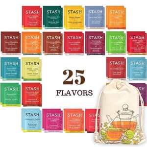 stash herbal and decaf tea bags - caffeine-free sampler variety pack - 25 flavors, 50 count/w cotton pouch